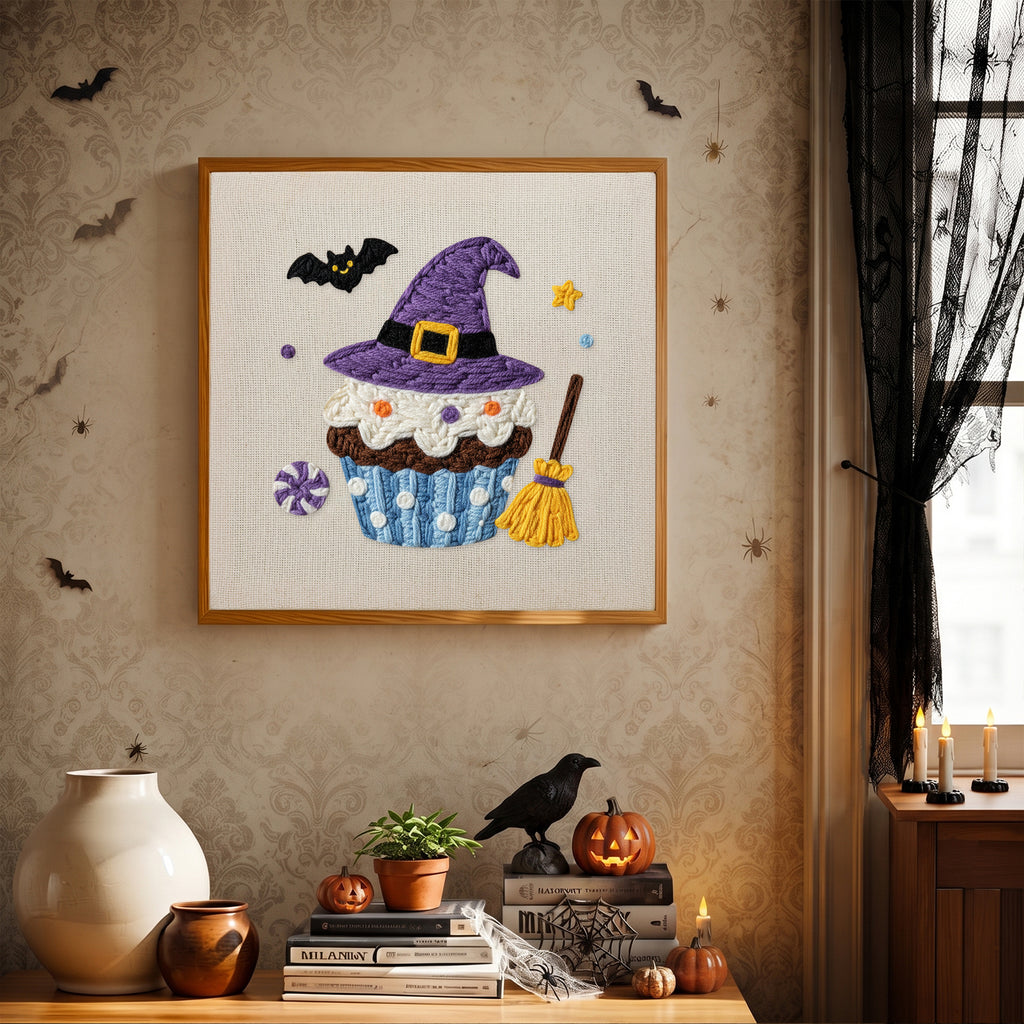 Finished Witch Hat Cupcake punch needle canvas on a wall