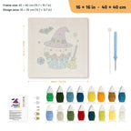 Witch Hat Cupcake punch needle kit, 16 × 16 in (40 × 40 cm): canvas size and kit contents