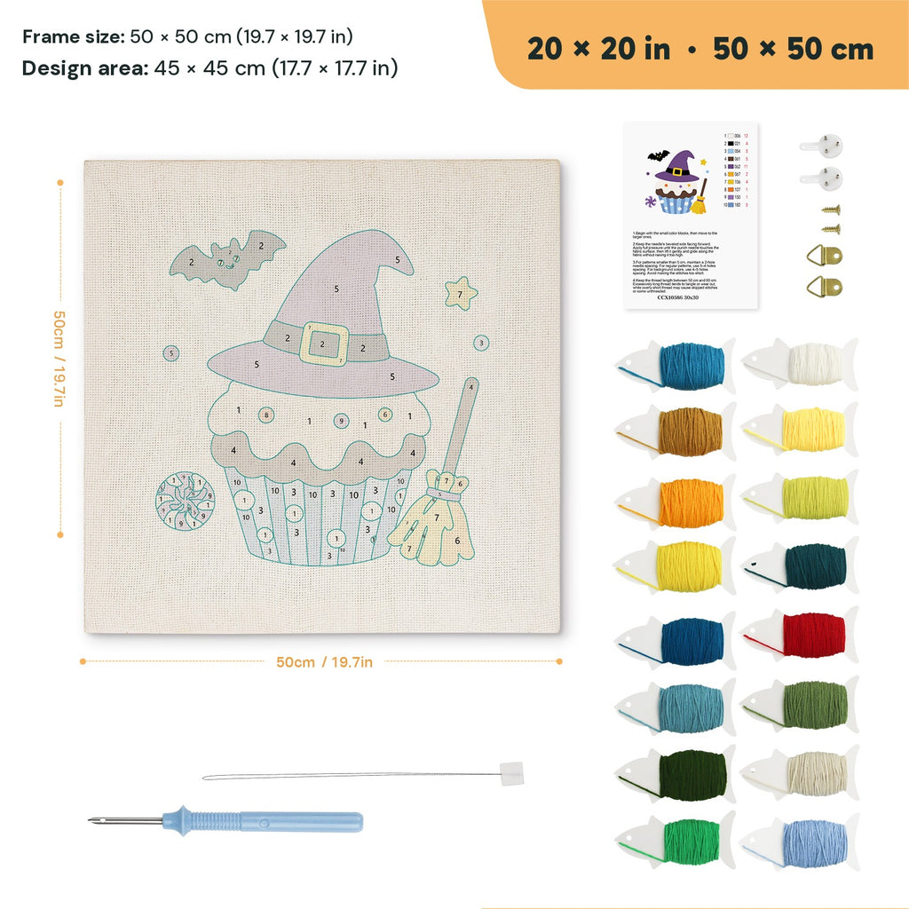 Witch Hat Cupcake punch needle kit, 20 × 20 in (50 × 50 cm): canvas size and kit contents
