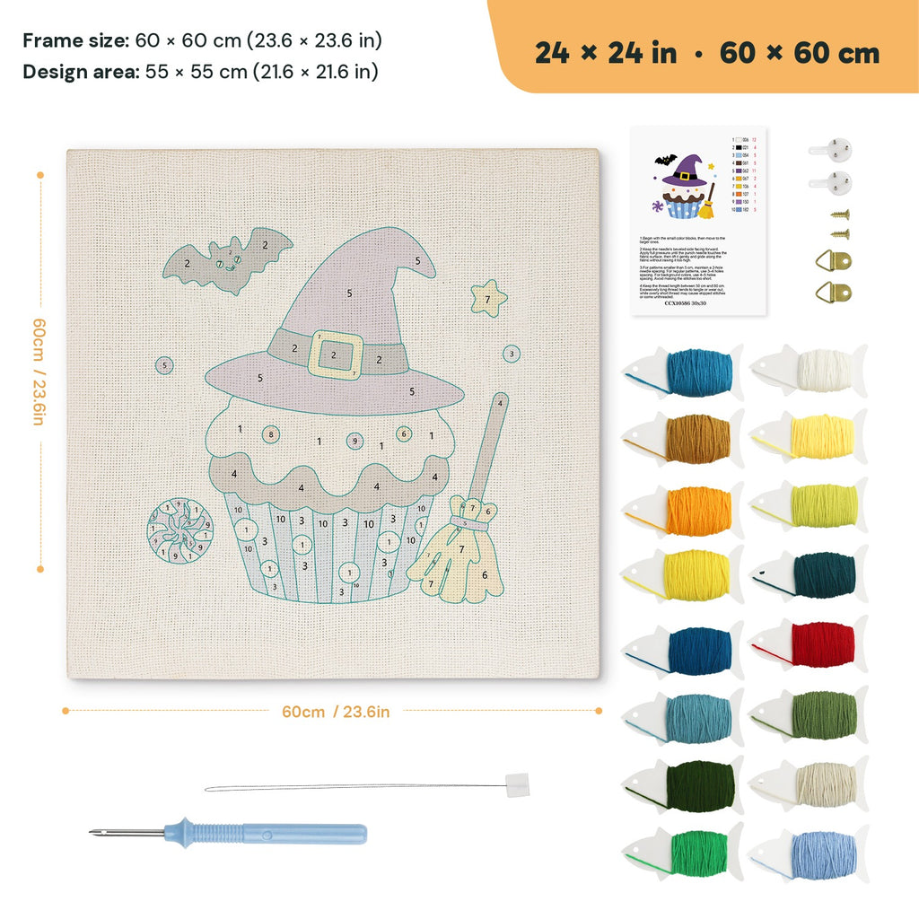 Witch Hat Cupcake punch needle kit, 24 × 24 in (60 × 60 cm): canvas size and kit contents