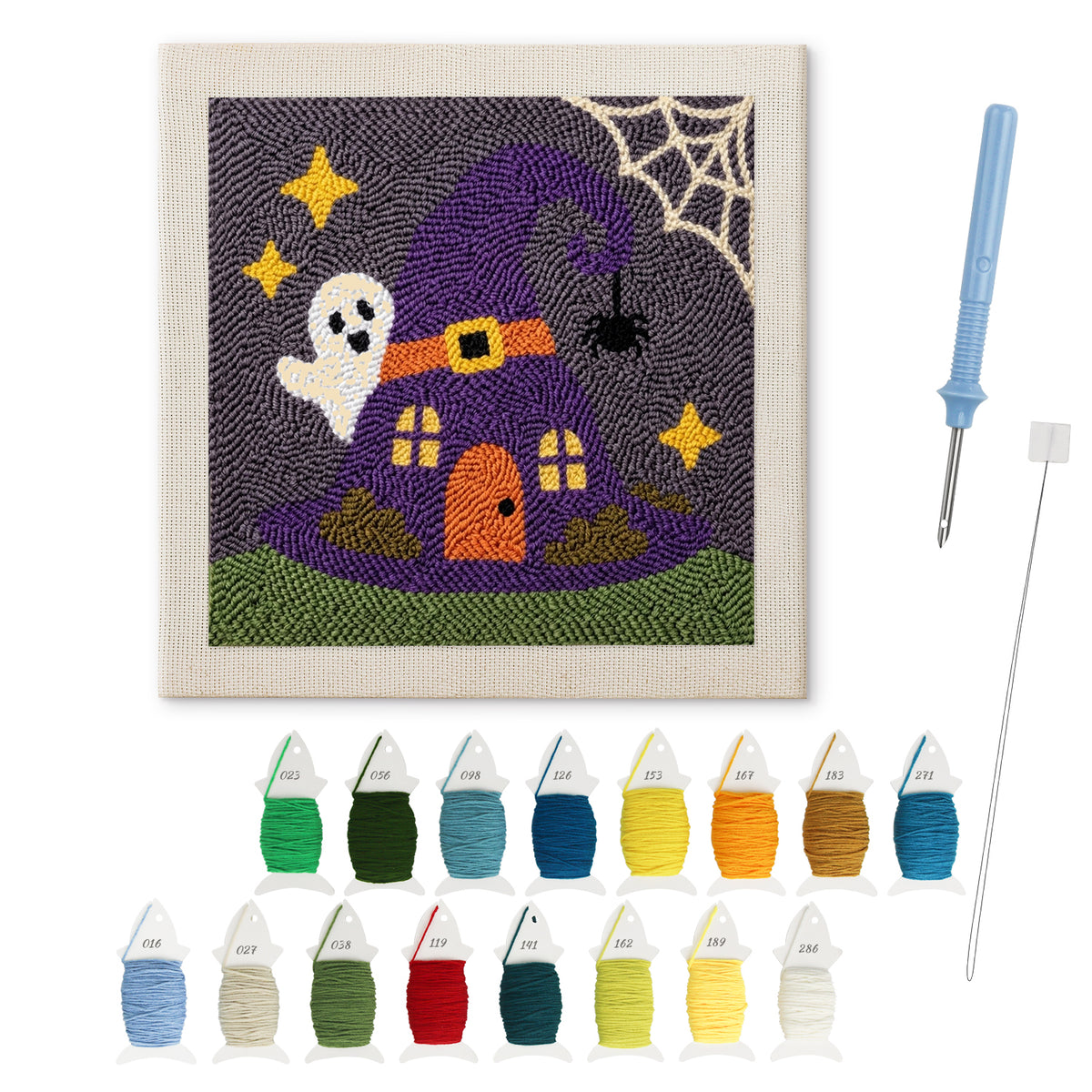 Witch Hat House punch needle kit: finished canvas with threads, punch needle and threader