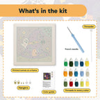What is in the Witch Hat House kit: printed canvas, punch needle, threader, threads, color guide and hangers