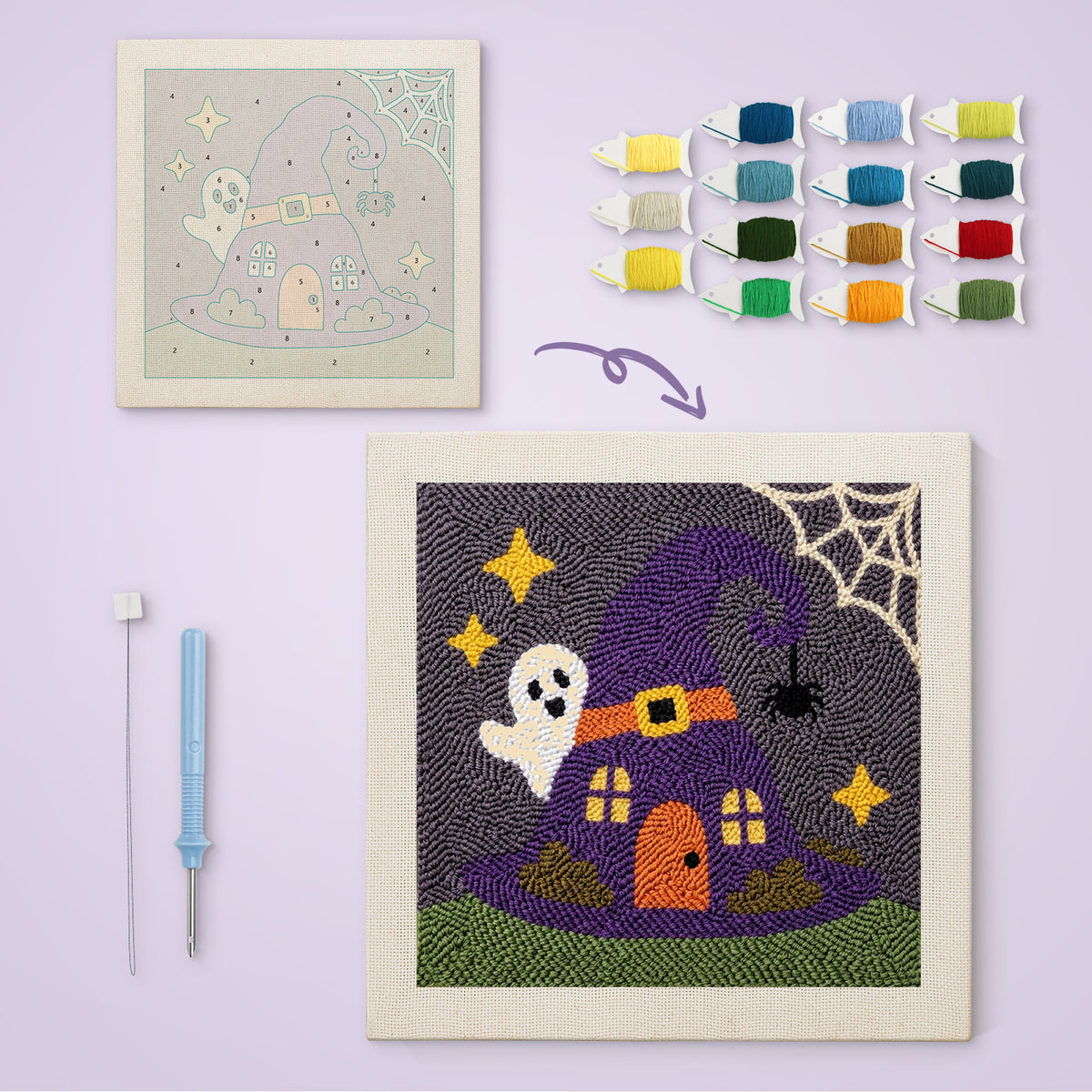 Witch Hat House canvas before and after punching, with the threads and tools