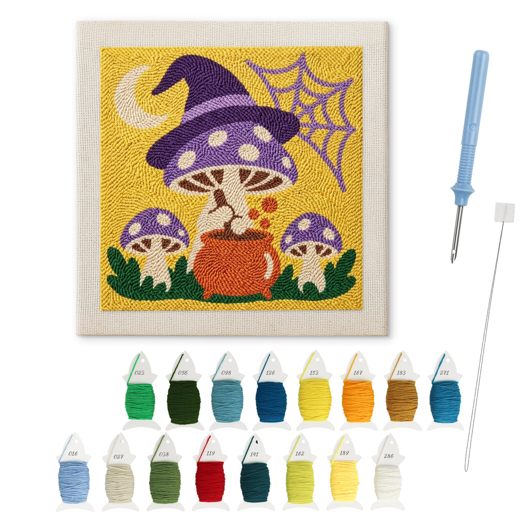 Witch Hat Mushroom Brew punch needle kit: finished canvas with threads, punch needle and threader