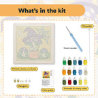 What is in the Witch Hat Mushroom Brew kit: printed canvas, punch needle, threader, threads, color guide and hangers