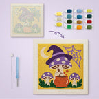 Witch Hat Mushroom Brew canvas before and after punching, with the threads and tools