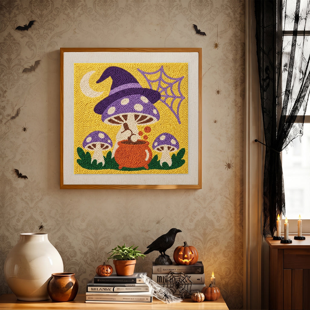 Finished Witch Hat Mushroom Brew punch needle canvas on a wall