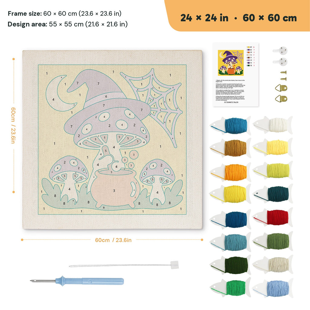 Witch Hat Mushroom Brew punch needle kit, 24 × 24 in (60 × 60 cm): canvas size and kit contents