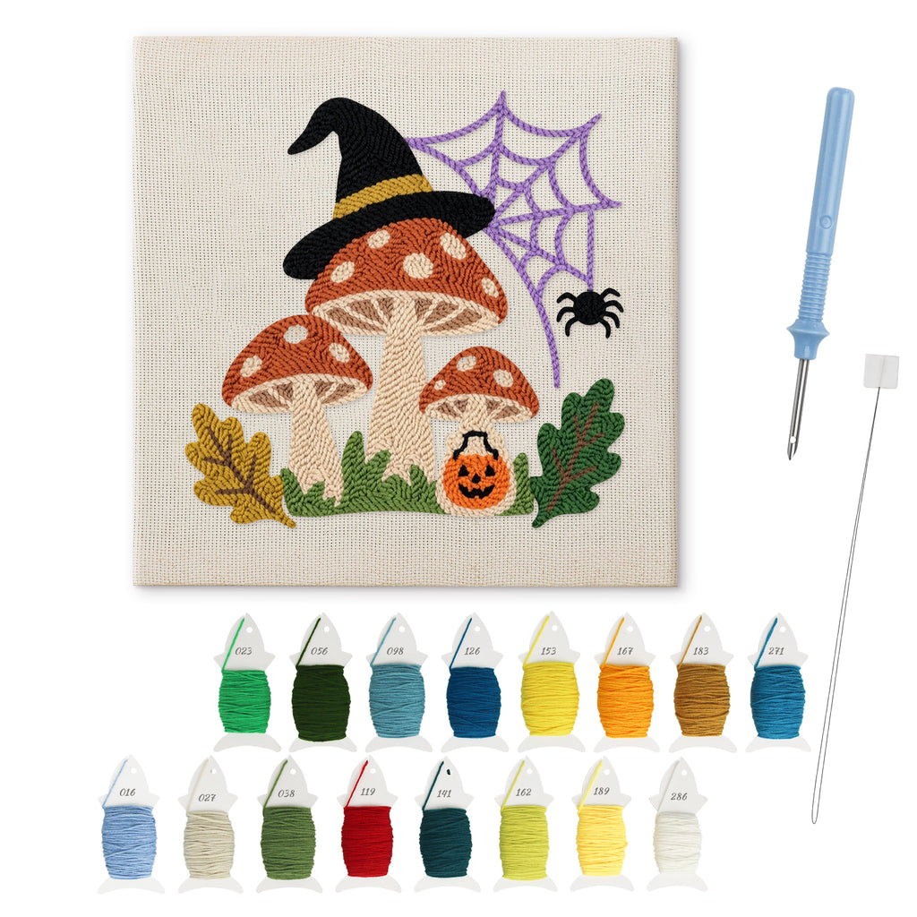 Witch Hat Toadstools punch needle kit: finished canvas with threads, punch needle and threader