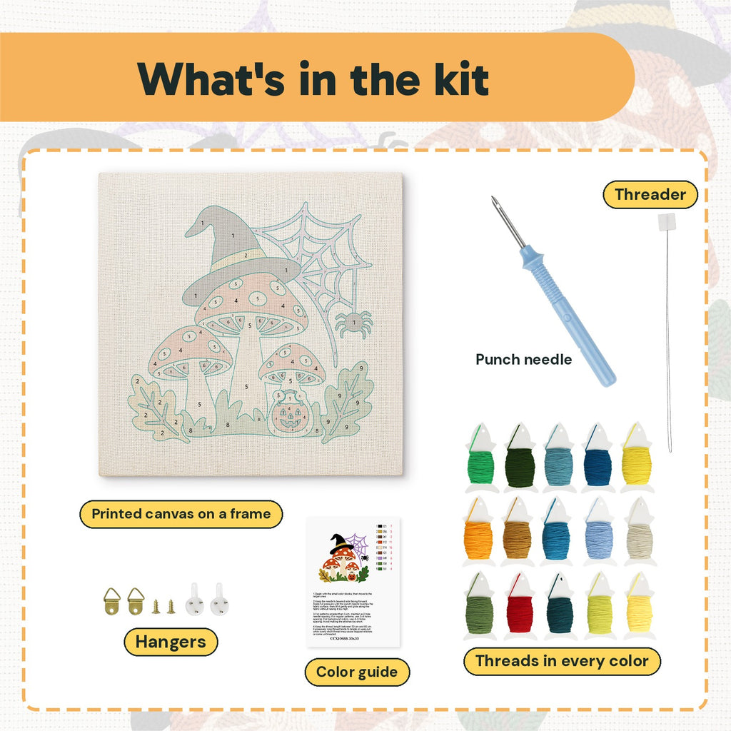 What is in the Witch Hat Toadstools kit: printed canvas, punch needle, threader, threads, color guide and hangers