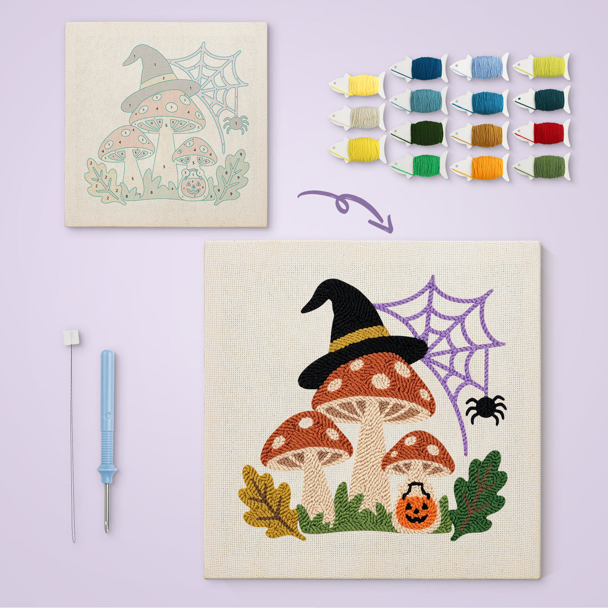 Witch Hat Toadstools canvas before and after punching, with the threads and tools