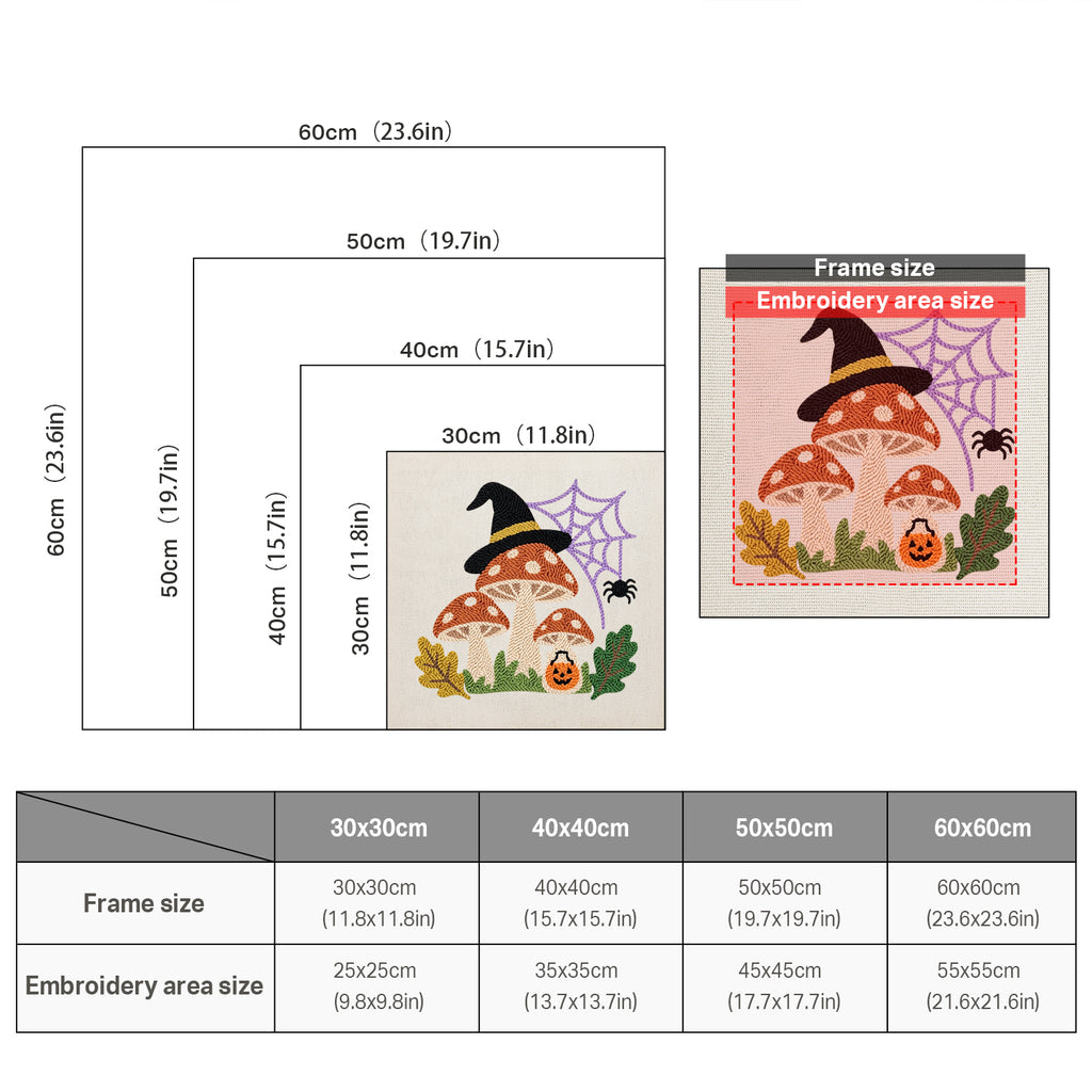 Size chart for square punch needle kits from 30 x 30 cm to 60 x 60 cm