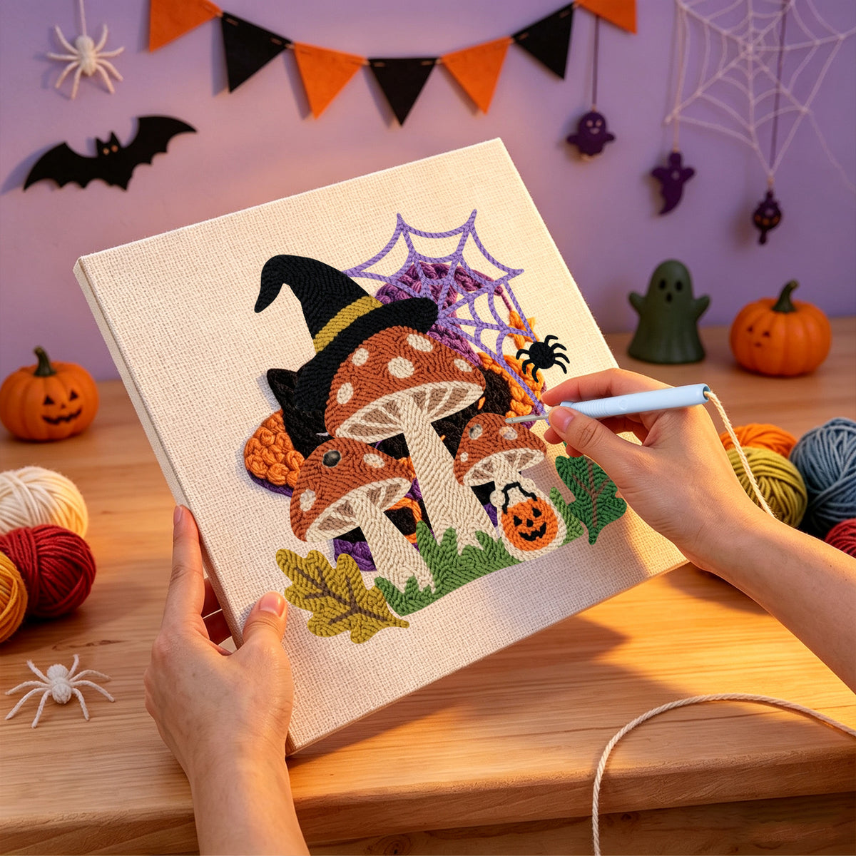 Punching the Witch Hat Toadstools design with the punch needle