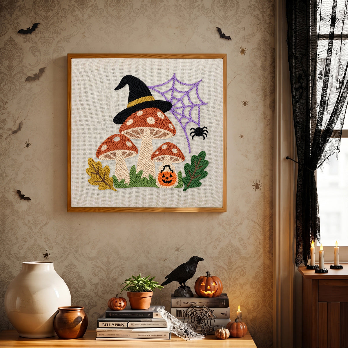 Finished Witch Hat Toadstools punch needle canvas on a wall