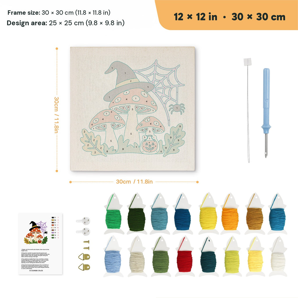Witch Hat Toadstools punch needle kit, 12 × 12 in (30 × 30 cm): canvas size and kit contents
