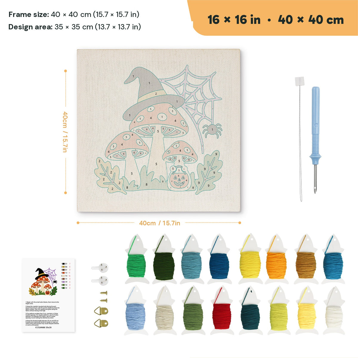 Witch Hat Toadstools punch needle kit, 16 × 16 in (40 × 40 cm): canvas size and kit contents