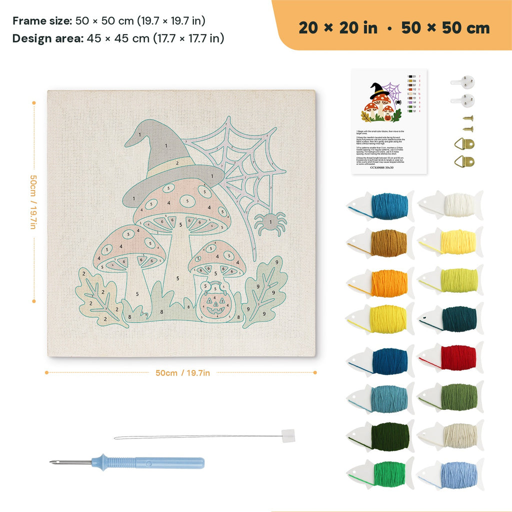 Witch Hat Toadstools punch needle kit, 20 × 20 in (50 × 50 cm): canvas size and kit contents