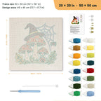 Witch Hat Toadstools punch needle kit, 20 × 20 in (50 × 50 cm): canvas size and kit contents