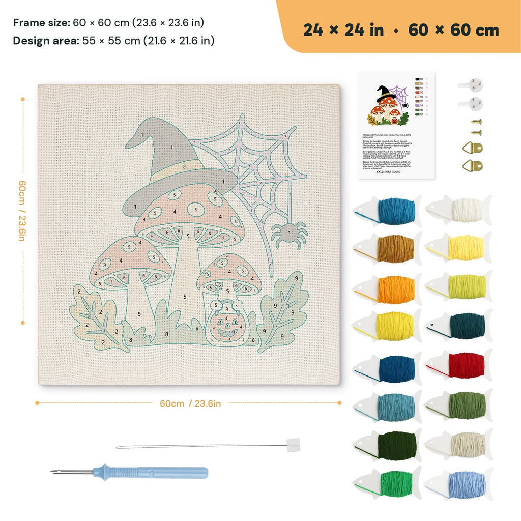 Witch Hat Toadstools punch needle kit, 24 × 24 in (60 × 60 cm): canvas size and kit contents