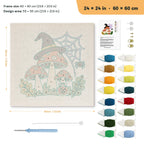 Witch Hat Toadstools punch needle kit, 24 × 24 in (60 × 60 cm): canvas size and kit contents