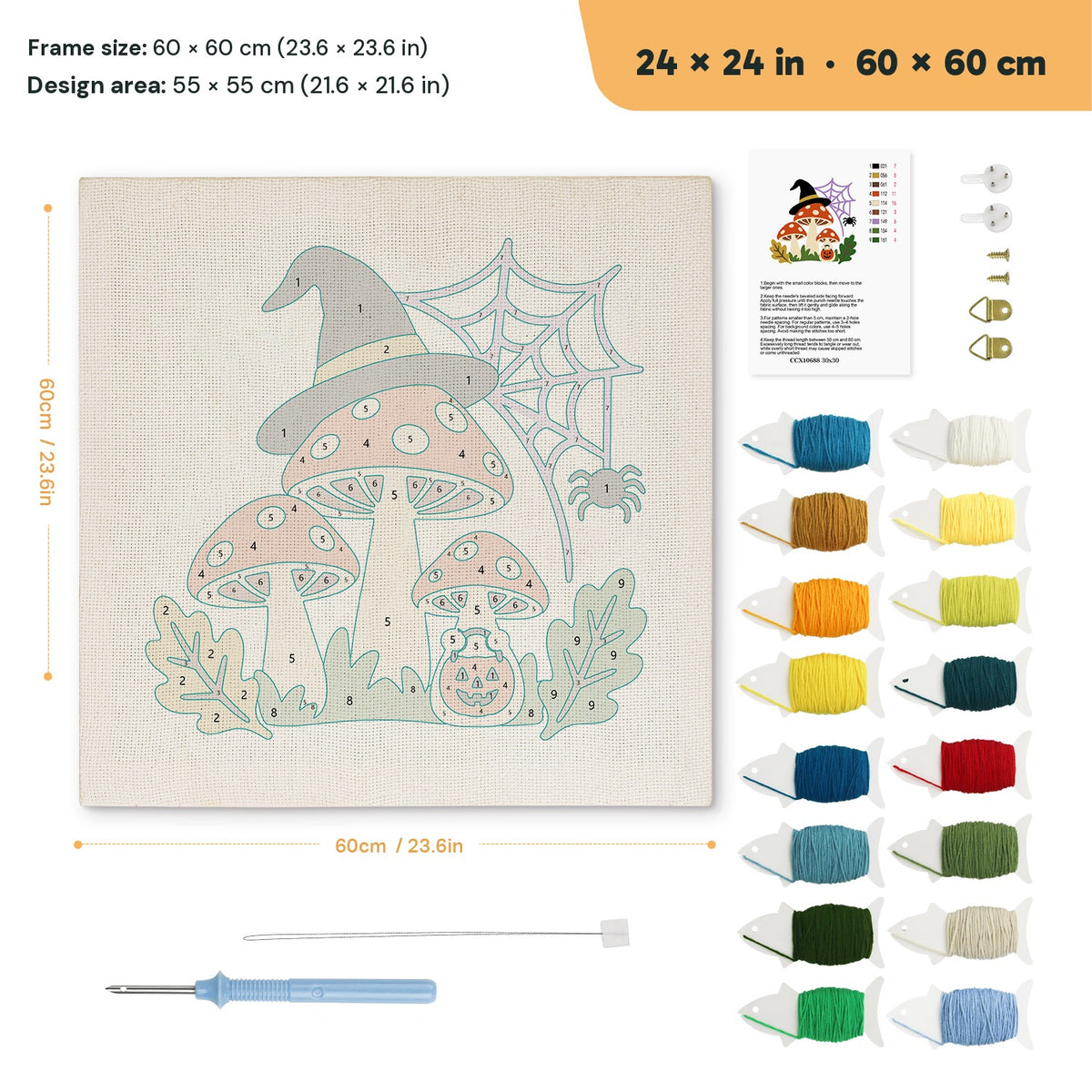 Witch Hat Toadstools punch needle kit, 24 × 24 in (60 × 60 cm): canvas size and kit contents