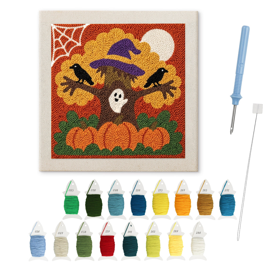 Witch Hat Tree punch needle kit: finished canvas with threads, punch needle and threader
