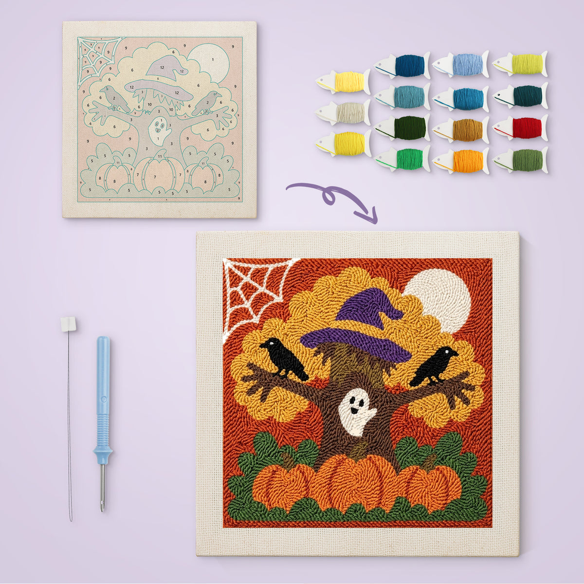 Witch Hat Tree canvas before and after punching, with the threads and tools