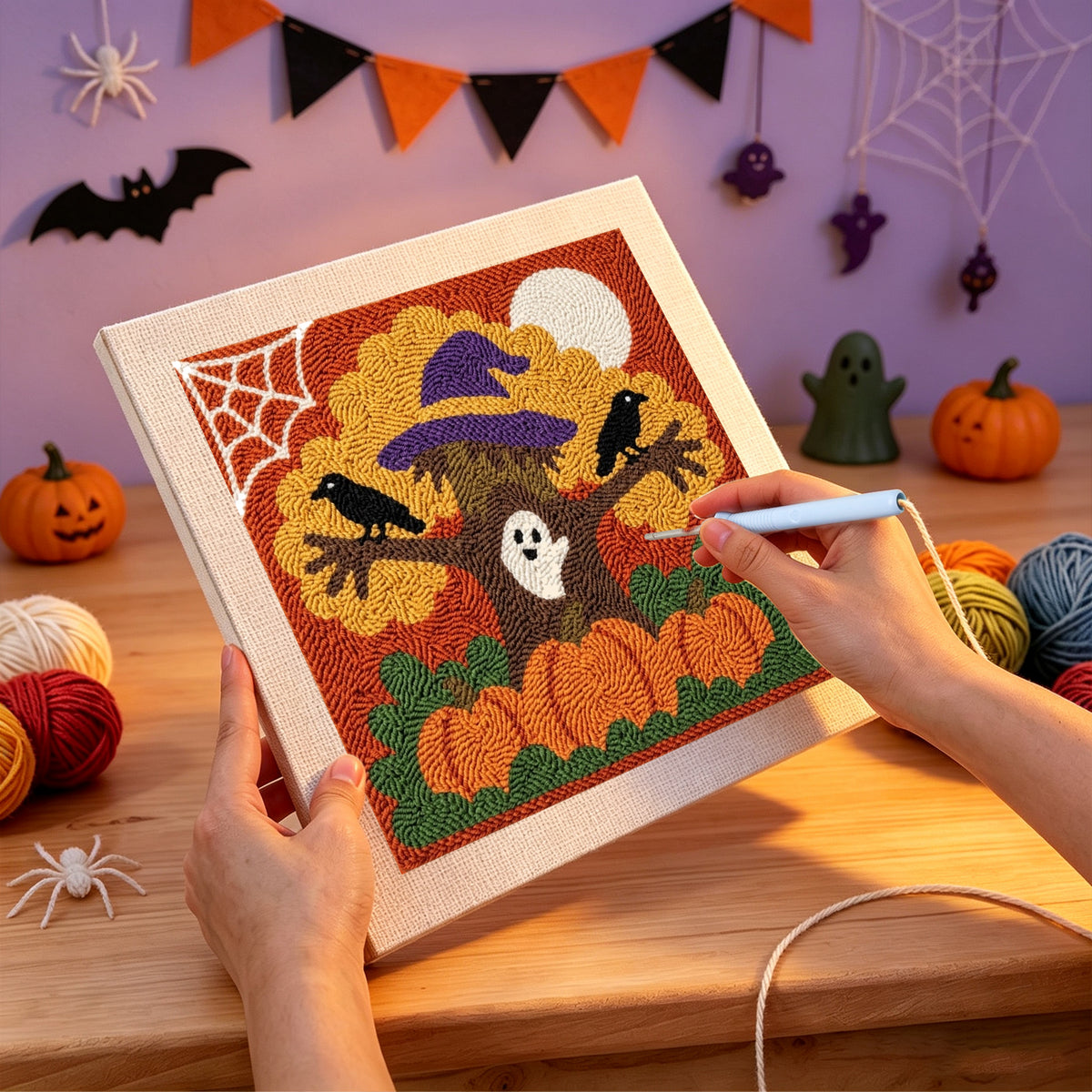Punching the Witch Hat Tree design with the punch needle