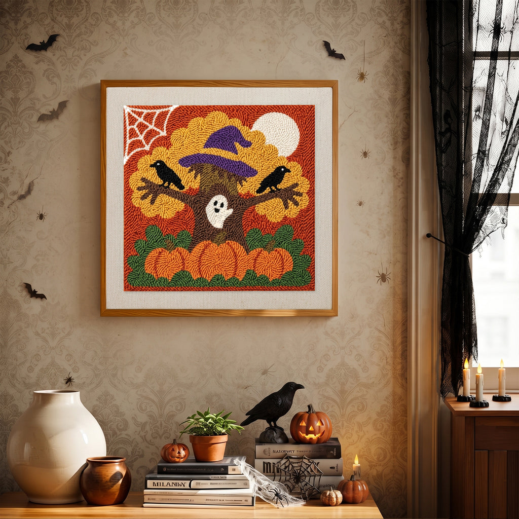 Finished Witch Hat Tree punch needle canvas on a wall