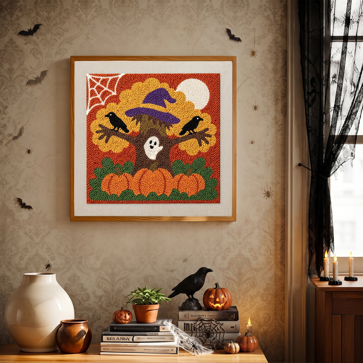 Finished Witch Hat Tree punch needle canvas on a wall