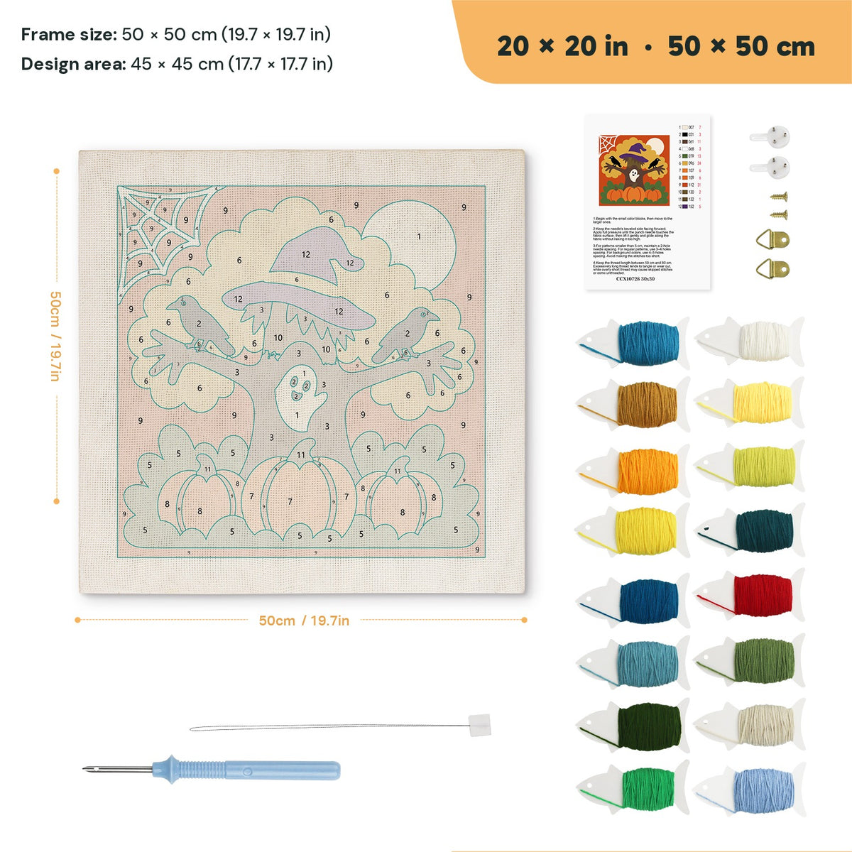 Witch Hat Tree punch needle kit, 20 × 20 in (50 × 50 cm): canvas size and kit contents