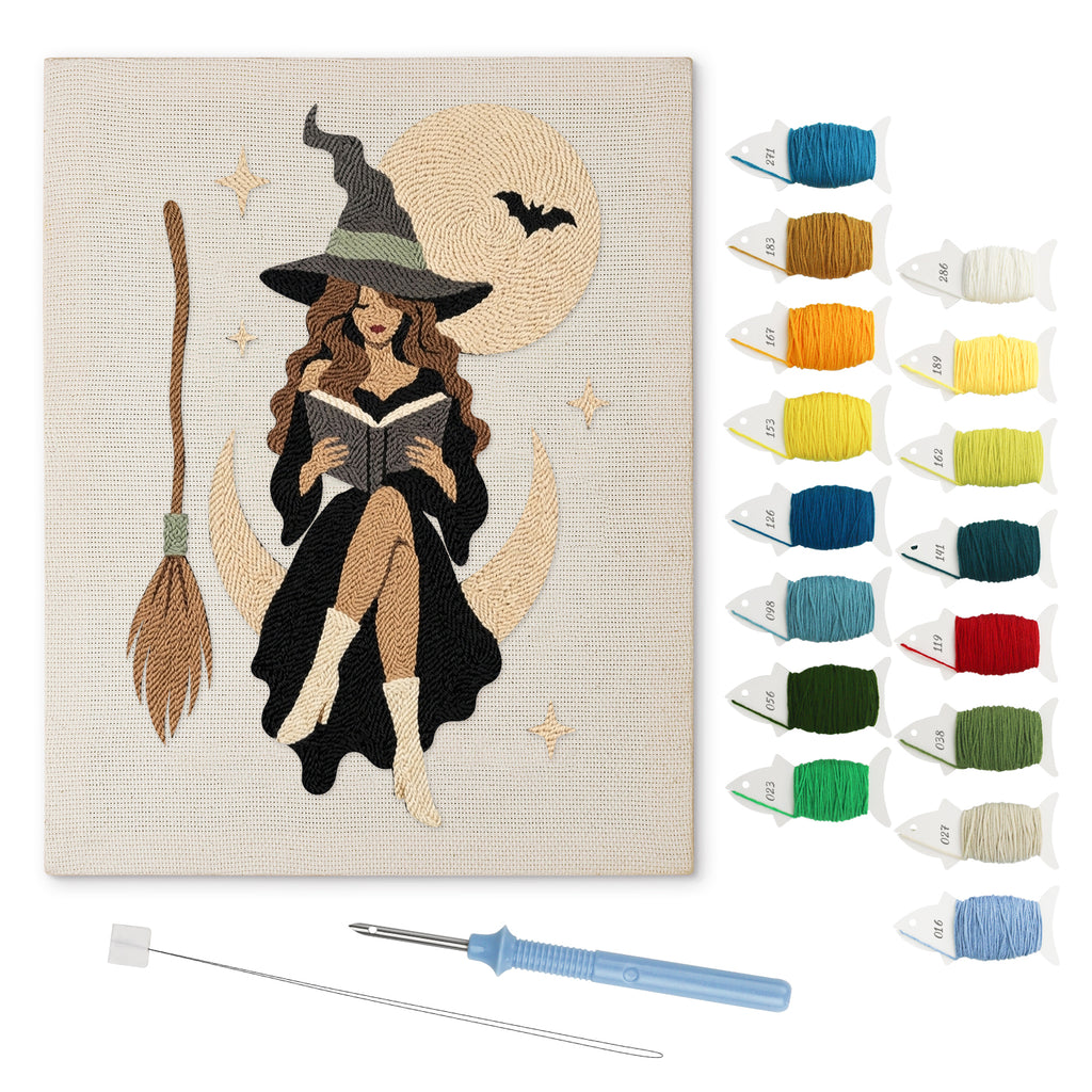 Witch on a Crescent Moon punch needle kit: finished canvas with threads, punch needle and threader