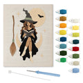 Witch on a Crescent Moon punch needle kit: finished canvas with threads, punch needle and threader
