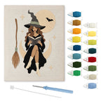 Witch on a Crescent Moon punch needle kit: finished canvas with threads, punch needle and threader