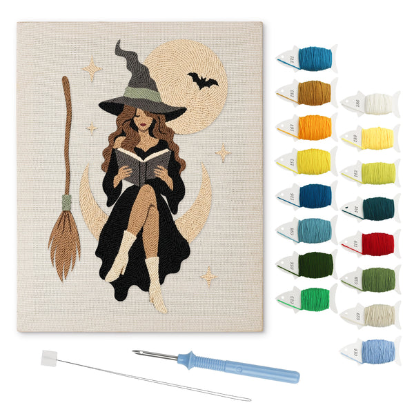 Witch on a Crescent Moon punch needle kit: finished canvas with threads, punch needle and threader