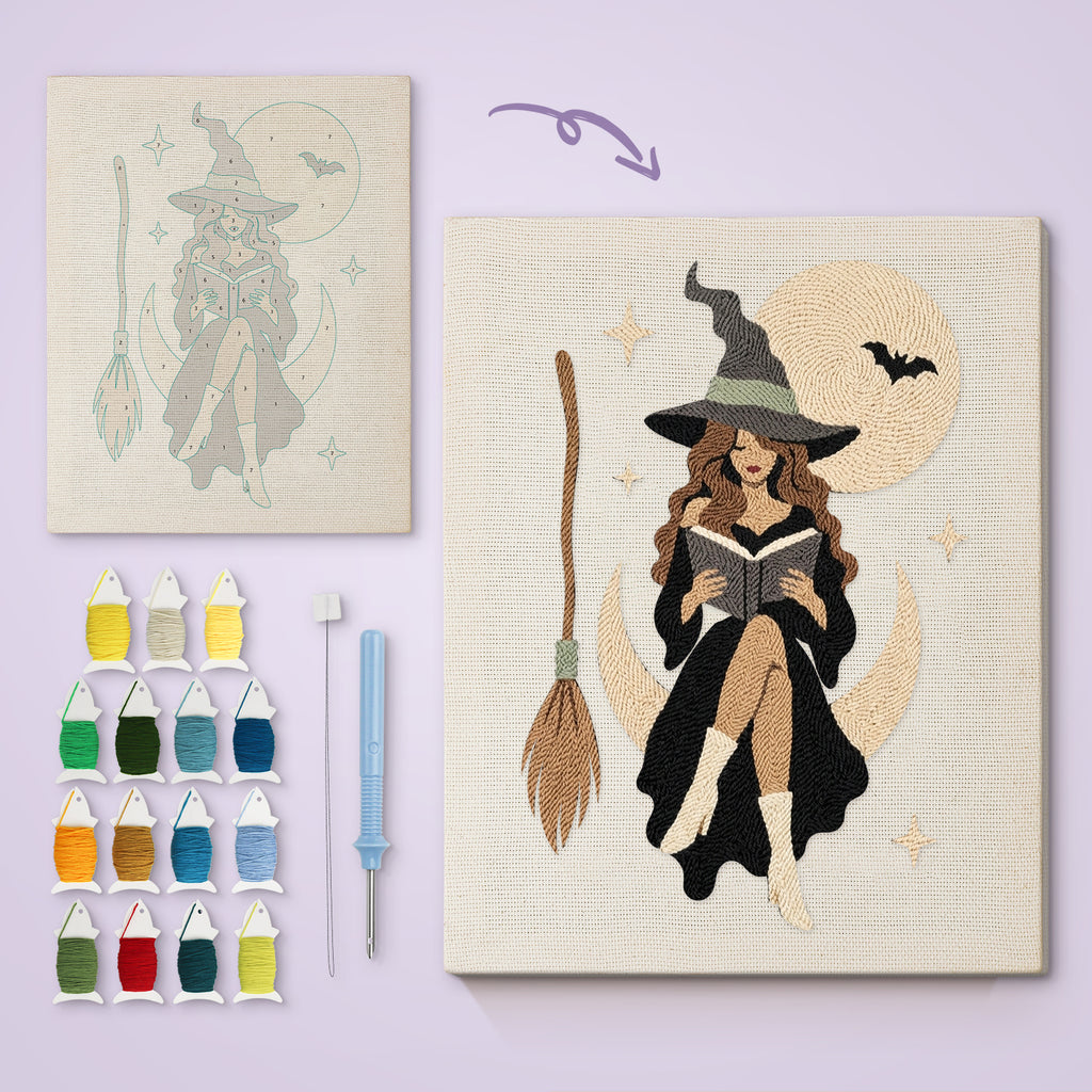 Witch on a Crescent Moon canvas before and after punching, with the threads and tools