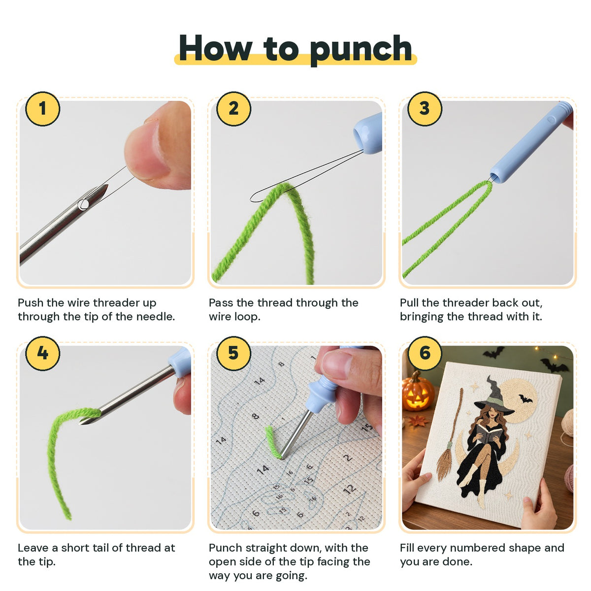 Six steps showing how to thread and use the punch needle