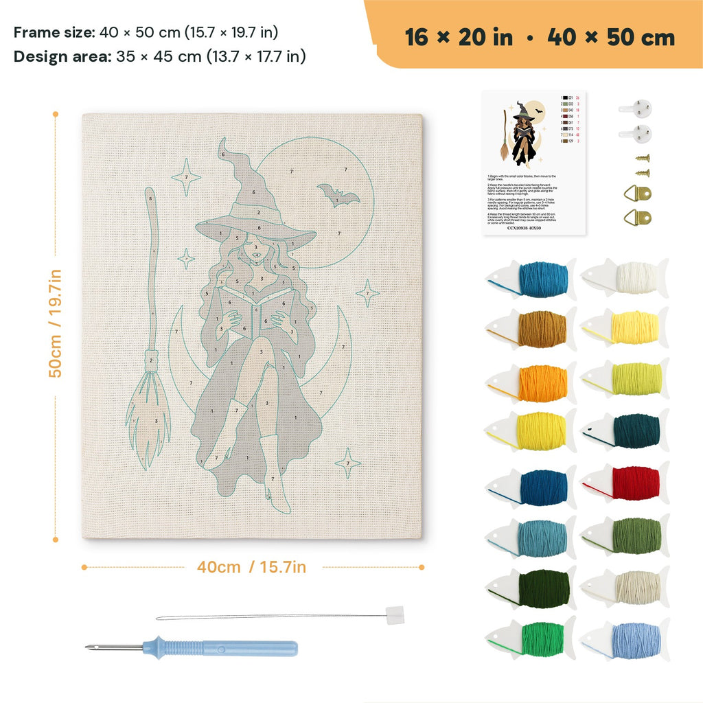 Witch on a Crescent Moon punch needle kit, 16 × 20 in (40 × 50 cm): canvas size and kit contents