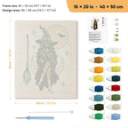 Witch on a Crescent Moon punch needle kit, 16 × 20 in (40 × 50 cm): canvas size and kit contents