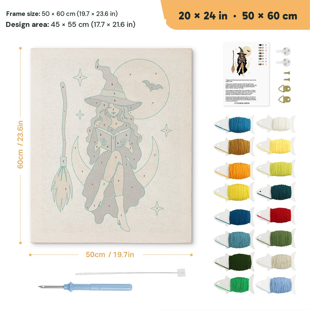 Witch on a Crescent Moon punch needle kit, 20 × 24 in (50 × 60 cm): canvas size and kit contents
