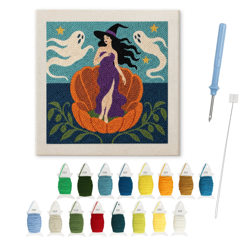 Witch on a Pumpkin Shell punch needle kit: finished canvas with threads, punch needle and threader