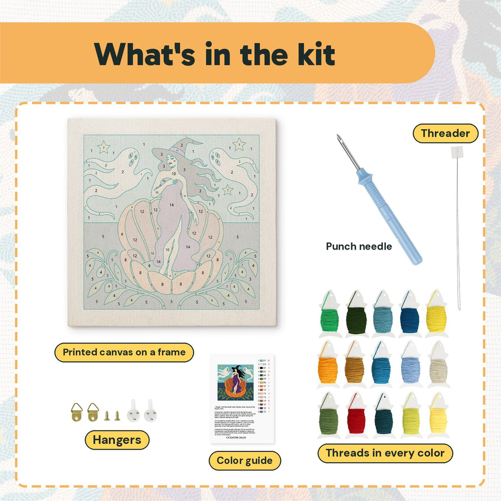 What is in the Witch on a Pumpkin Shell kit: printed canvas, punch needle, threader, threads, color guide and hangers