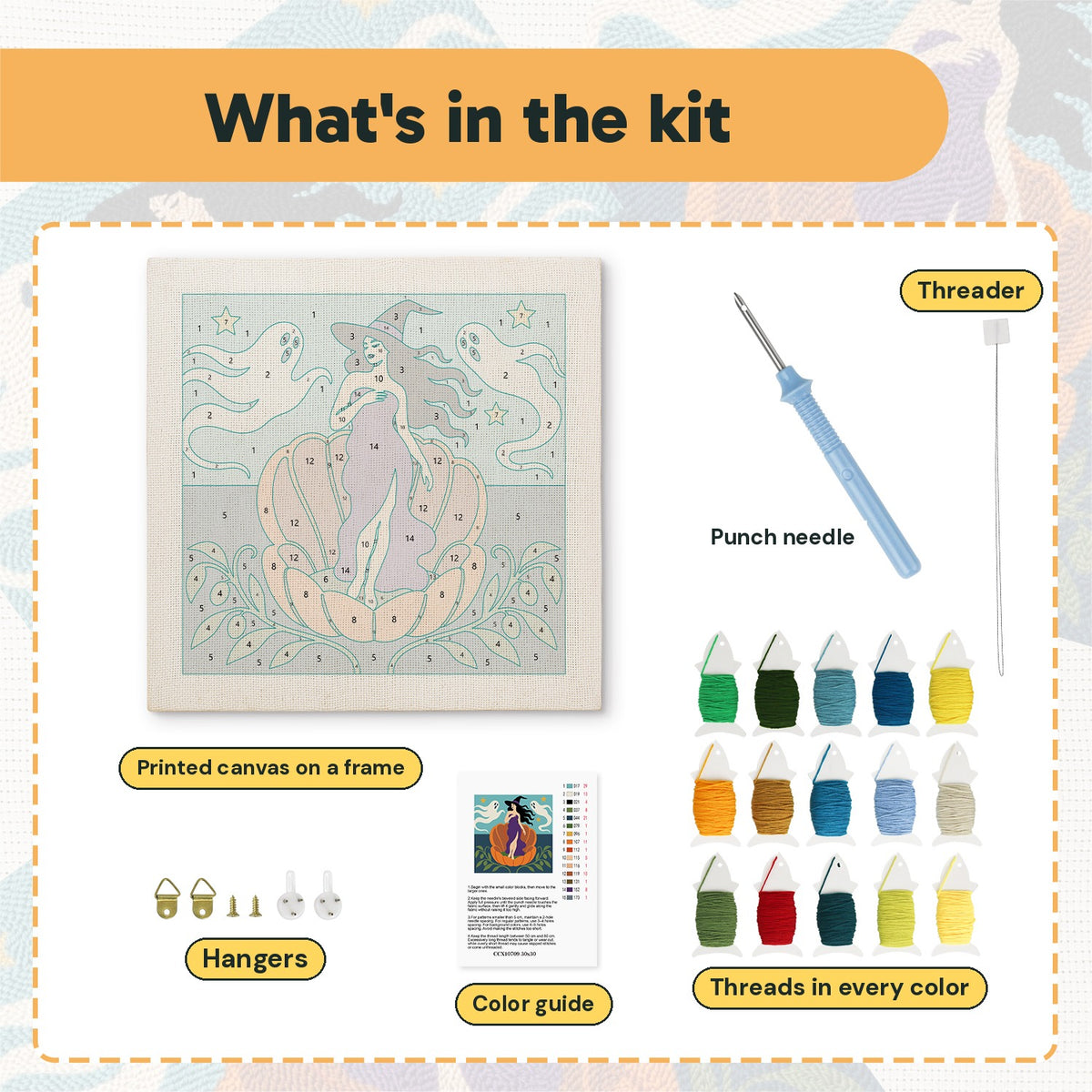 What is in the Witch on a Pumpkin Shell kit: printed canvas, punch needle, threader, threads, color guide and hangers