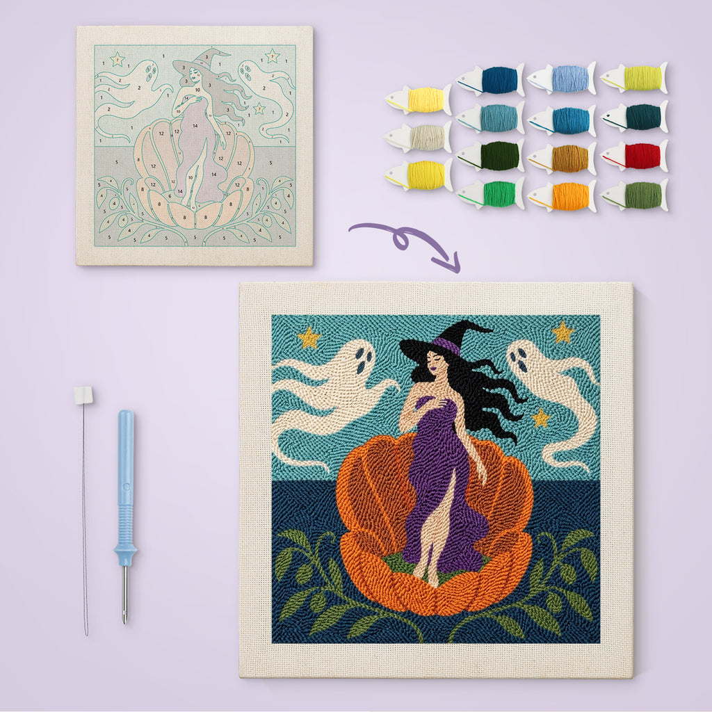 Witch on a Pumpkin Shell canvas before and after punching, with the threads and tools