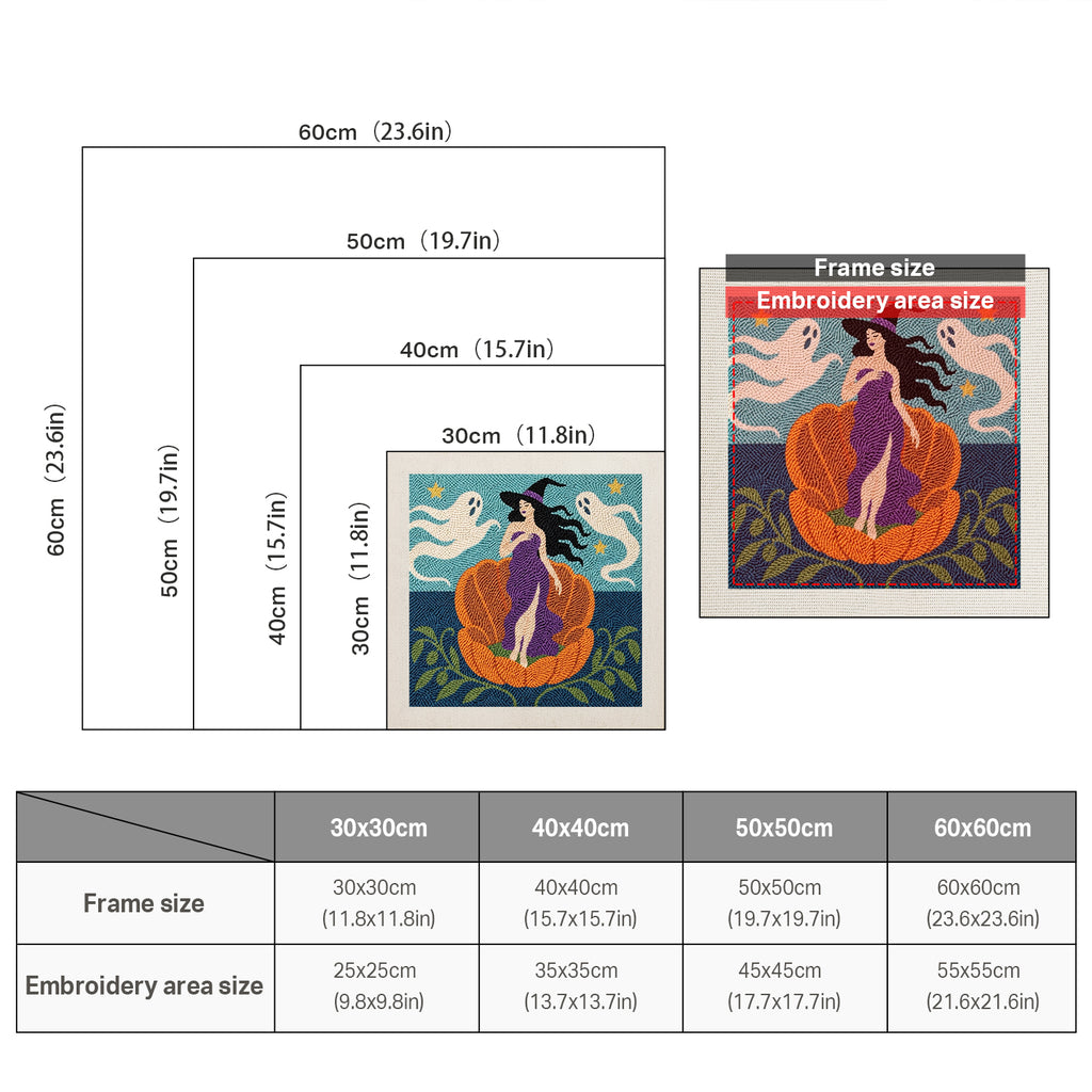 Size chart for square punch needle kits from 30 x 30 cm to 60 x 60 cm