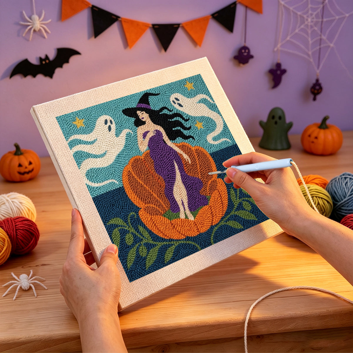 Punching the Witch on a Pumpkin Shell design with the punch needle