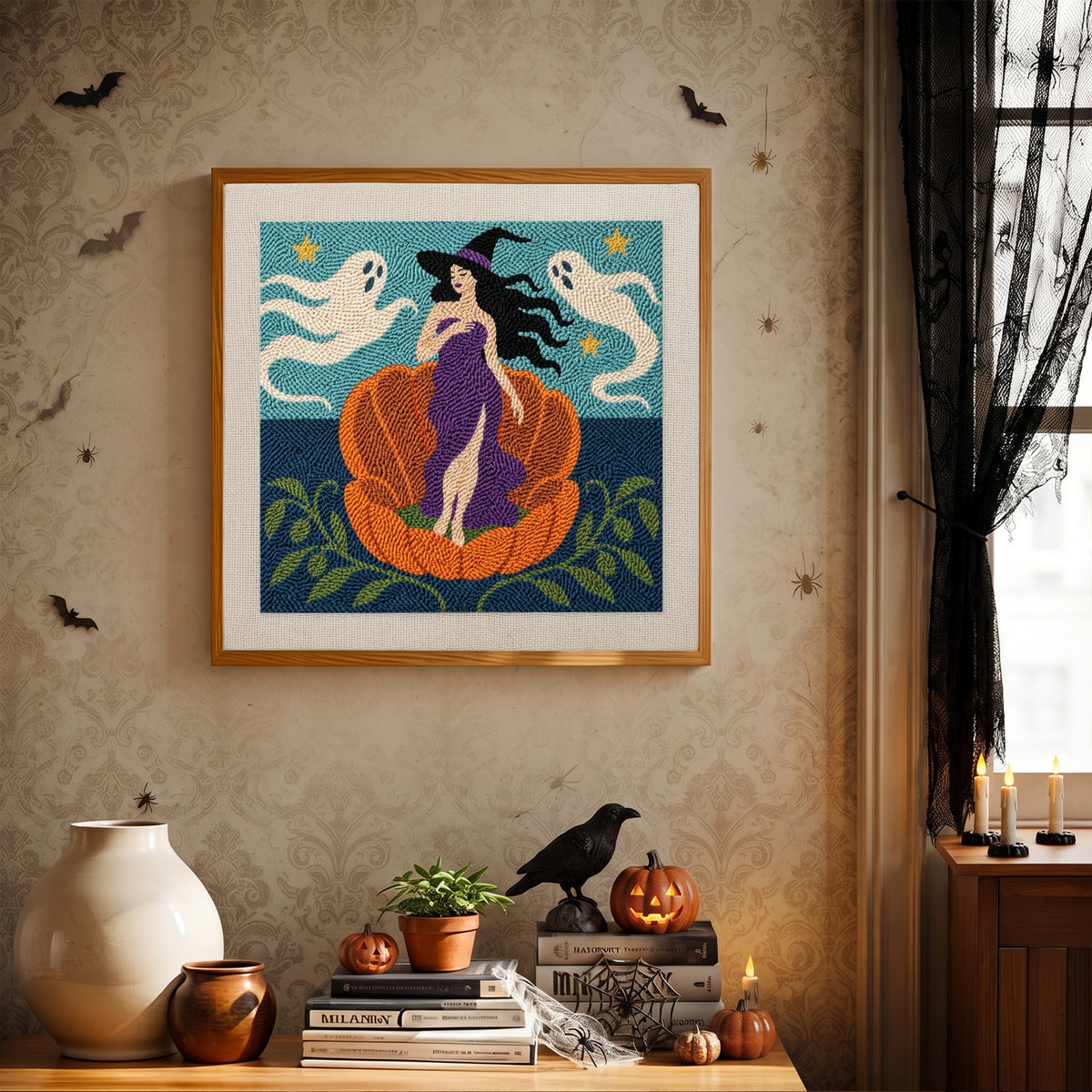 Finished Witch on a Pumpkin Shell punch needle canvas on a wall