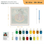 Witch on a Pumpkin Shell punch needle kit, 12 × 12 in (30 × 30 cm): canvas size and kit contents