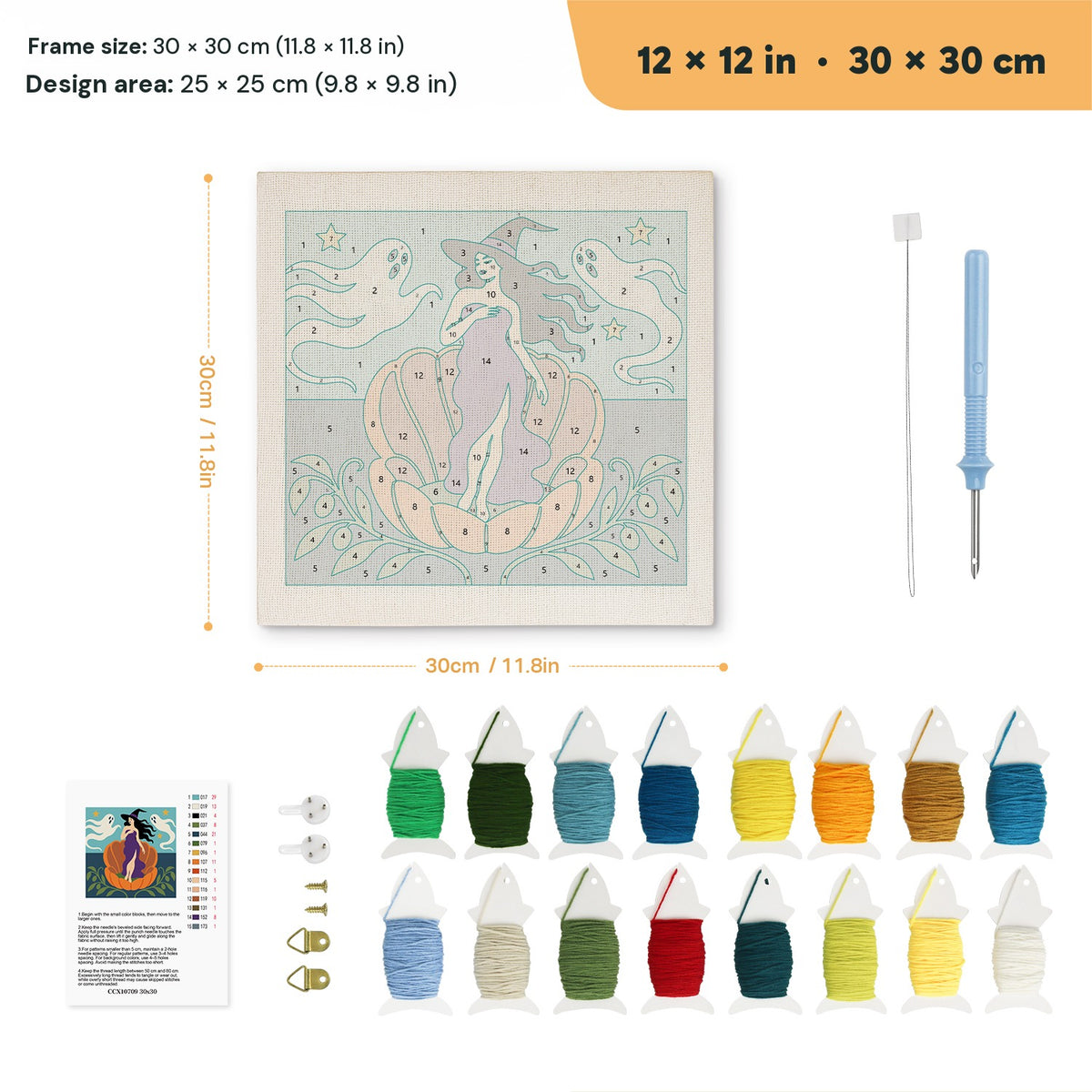 Witch on a Pumpkin Shell punch needle kit, 12 × 12 in (30 × 30 cm): canvas size and kit contents