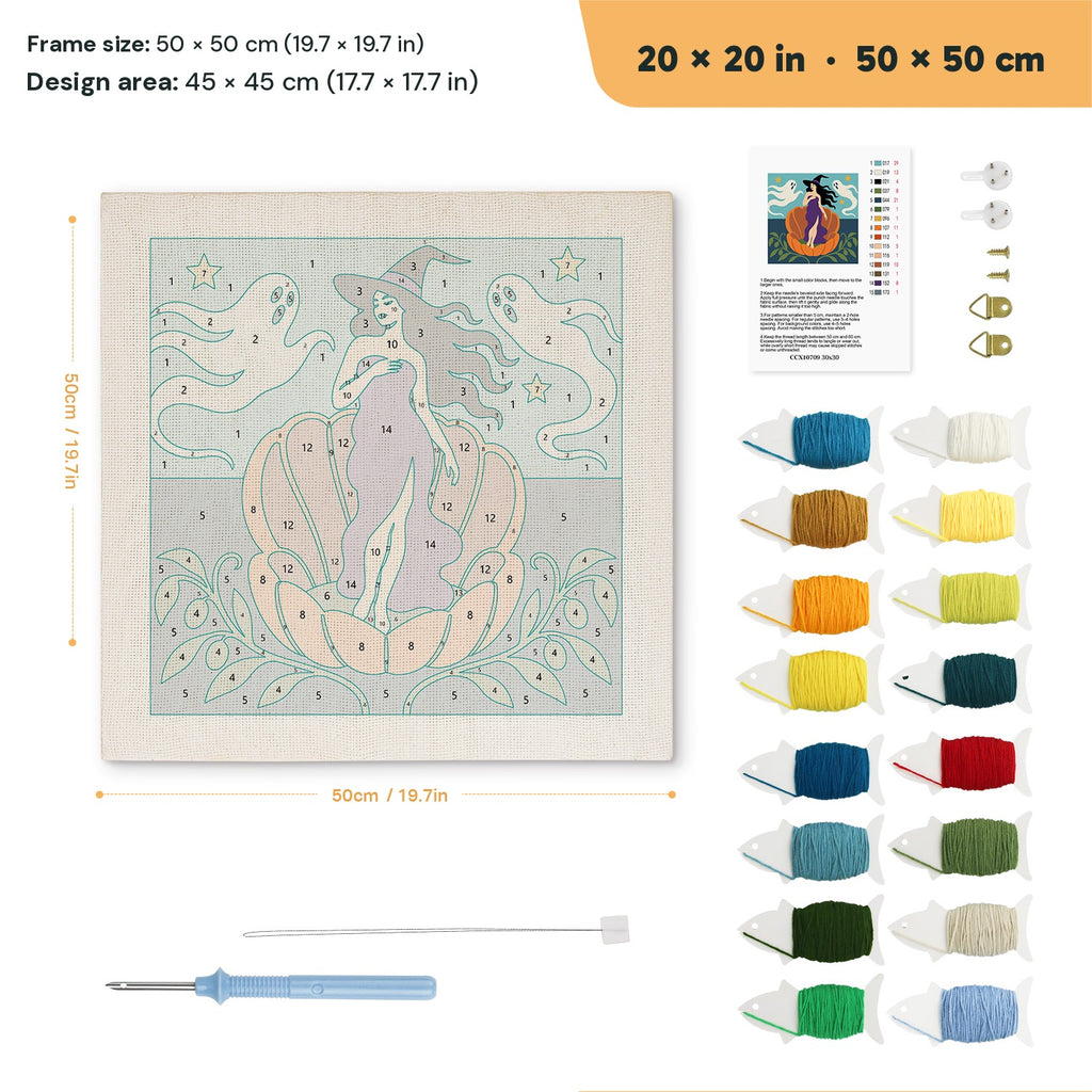Witch on a Pumpkin Shell punch needle kit, 20 × 20 in (50 × 50 cm): canvas size and kit contents